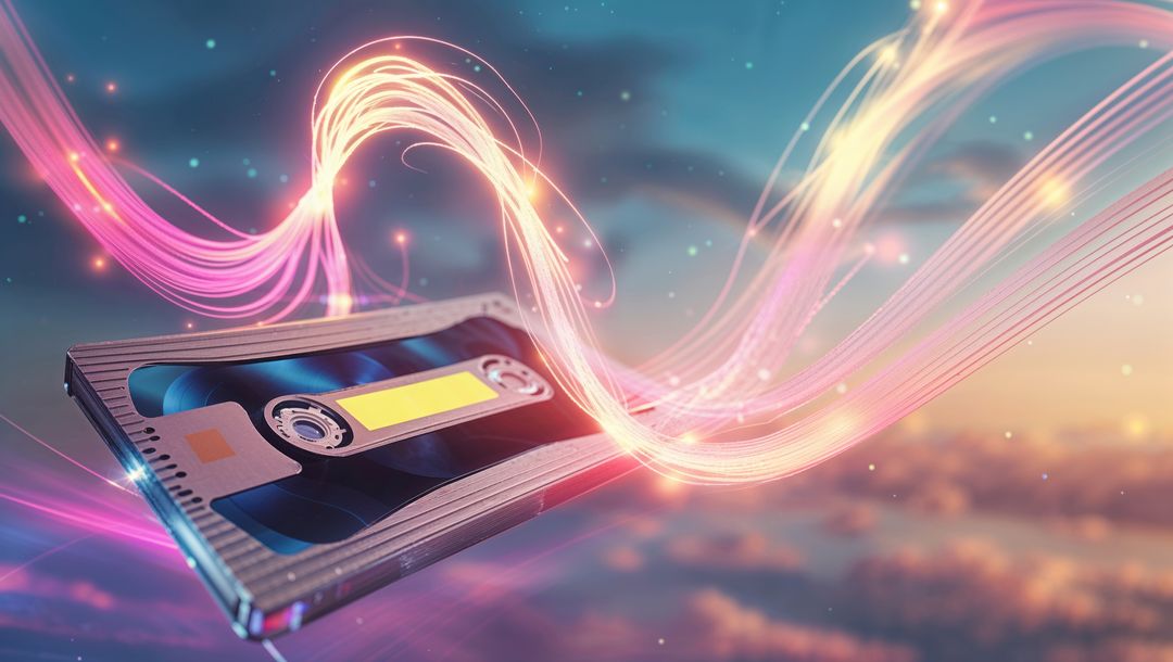 Retro Cassette Tape Streaming Light in Futuristic Abstract Sky