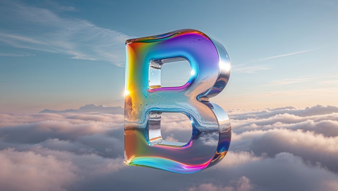 Floating Iridescent 3D Letter B Above Clouds Reflecting Sunlight