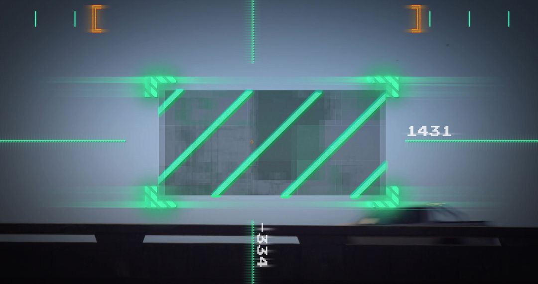 Displaying neon-green HUD overlay with diagonal stripes on underpass wall and blurred vehicle