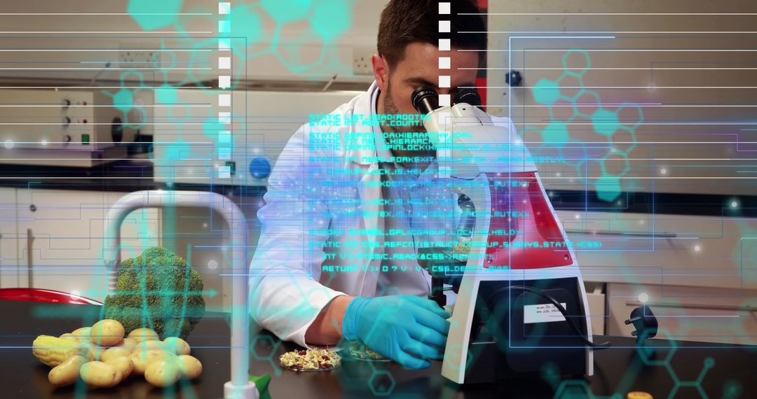 Scientist Analyzing Food Samples Through Microscope with Digital Interface