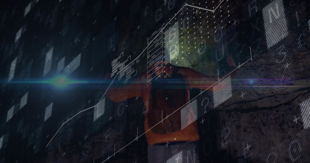 Miner Inspecting Rockface with Digital Overlays Representing Technology