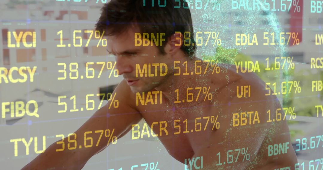 Shirtless Man on Bike with Stock Ticker Data Overlay