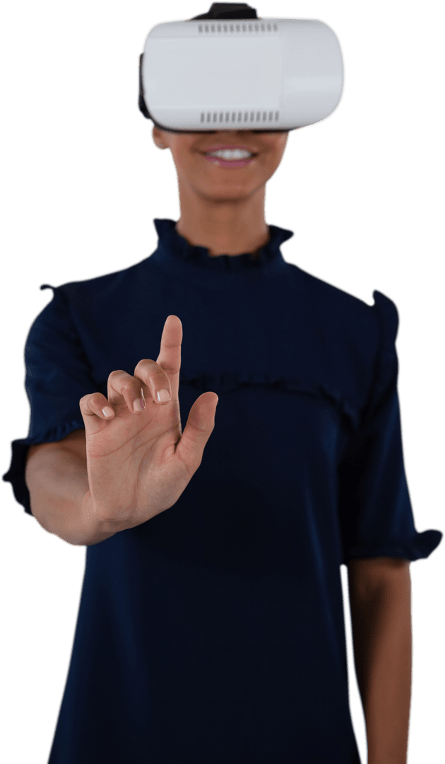 Transparent Woman Interacting with Virtual Reality Headset