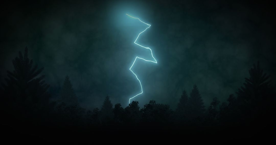 Dramatic Lightning Bolt Illuminating Dark Forest Night Sky