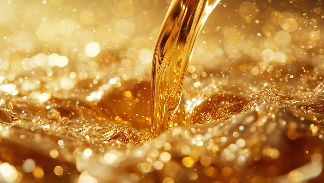 Pouring Golden Liquid Creating Splashes and Frothy Bubbles