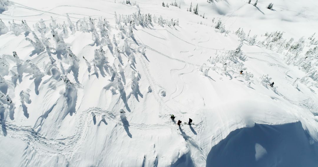 Aerial View of Skiers on Pristine Snowy Mountain Slope - Free Images, Stock Photos and Pictures on Pikwizard.com