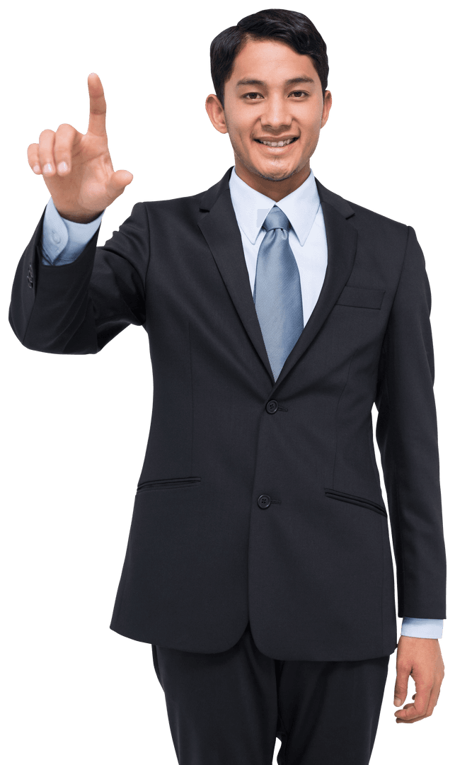 Smiling Asian Businessman Pointing Index Finger on Transparent Background