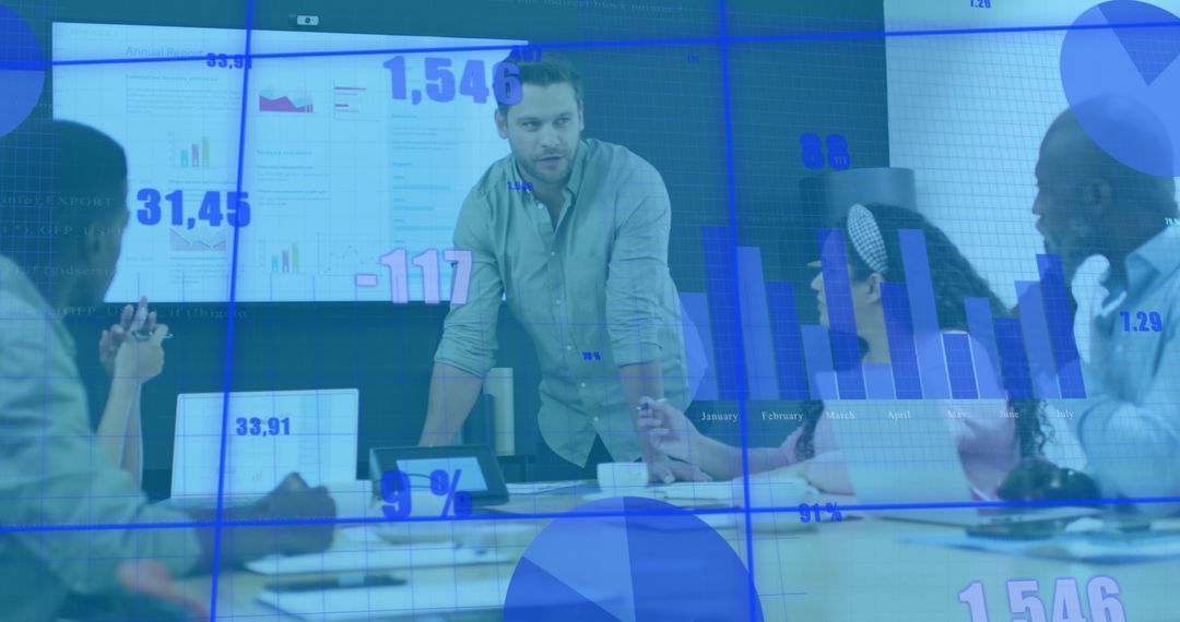 Business Team Analyzing Data in Technology-Driven Meeting