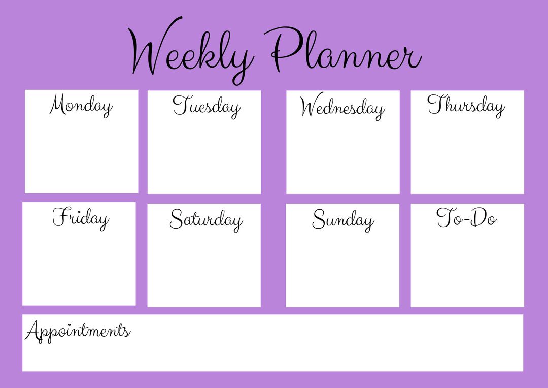 Purple Weekly Planner with Blank Spaces for Days of Week and Tasks - Download Free Stock Templates Pikwizard.com