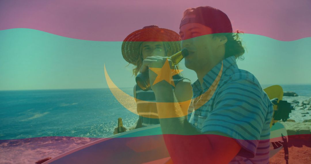 Surfers Enjoying Beach Vibes with National Flag Overlay