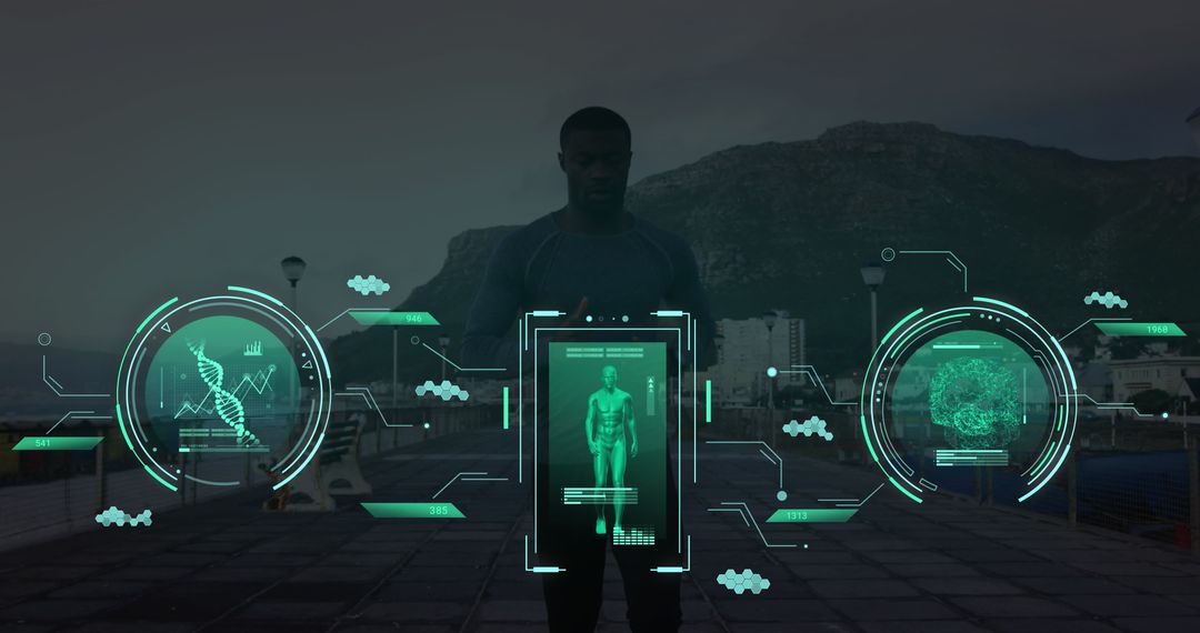 African American Runner with Futuristic Data Interface