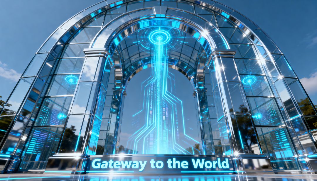 Projecting Cyan Circuit Portal Through Glass Chrome Arch Welcoming Global Connectivity
