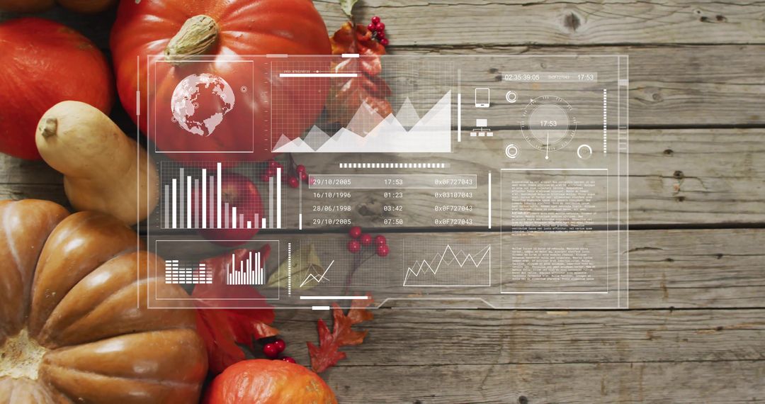 Showcasing autumn harvest: pumpkins and gourds with futuristic HUD overlay on rustic wood