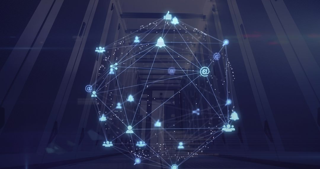 digital networking globe with icons in data center - Free Images, Stock Photos and Pictures on Pikwizard.com