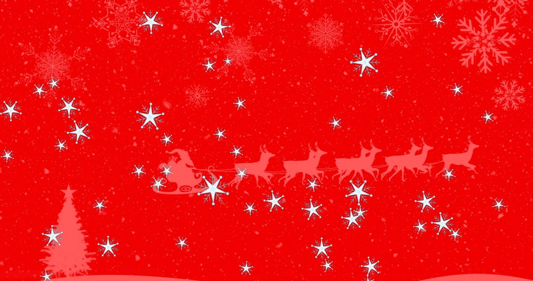 Festive Red Background with Santa's Sleigh and Falling Snow