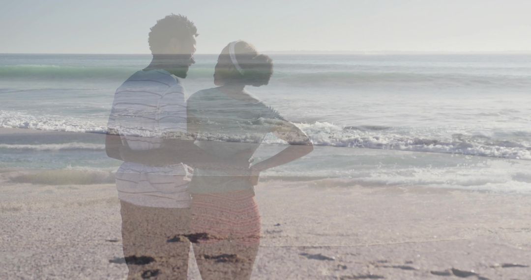 Couple Embracing on Tranquil Beachfront with Ocean Waves