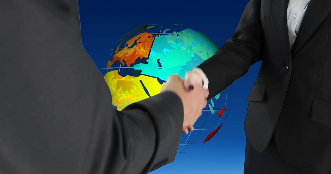 Business Partners Shaking Hands with Rotating Globe Backdrop
