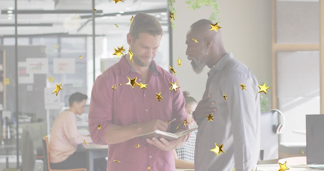 Business Professionals Collaborating in Modern Office with Animated Stars