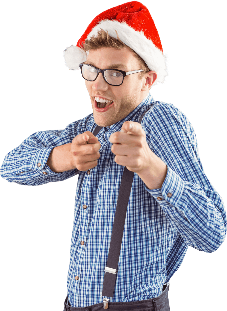 Joyful Hipster Wearing Santa Hat Pointing Cheerfully on Transparent Background