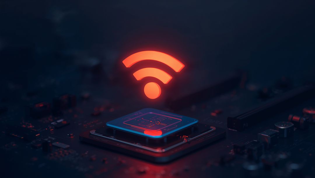 Glowing Microchip with Red Wi-Fi Symbol on Circuit Board