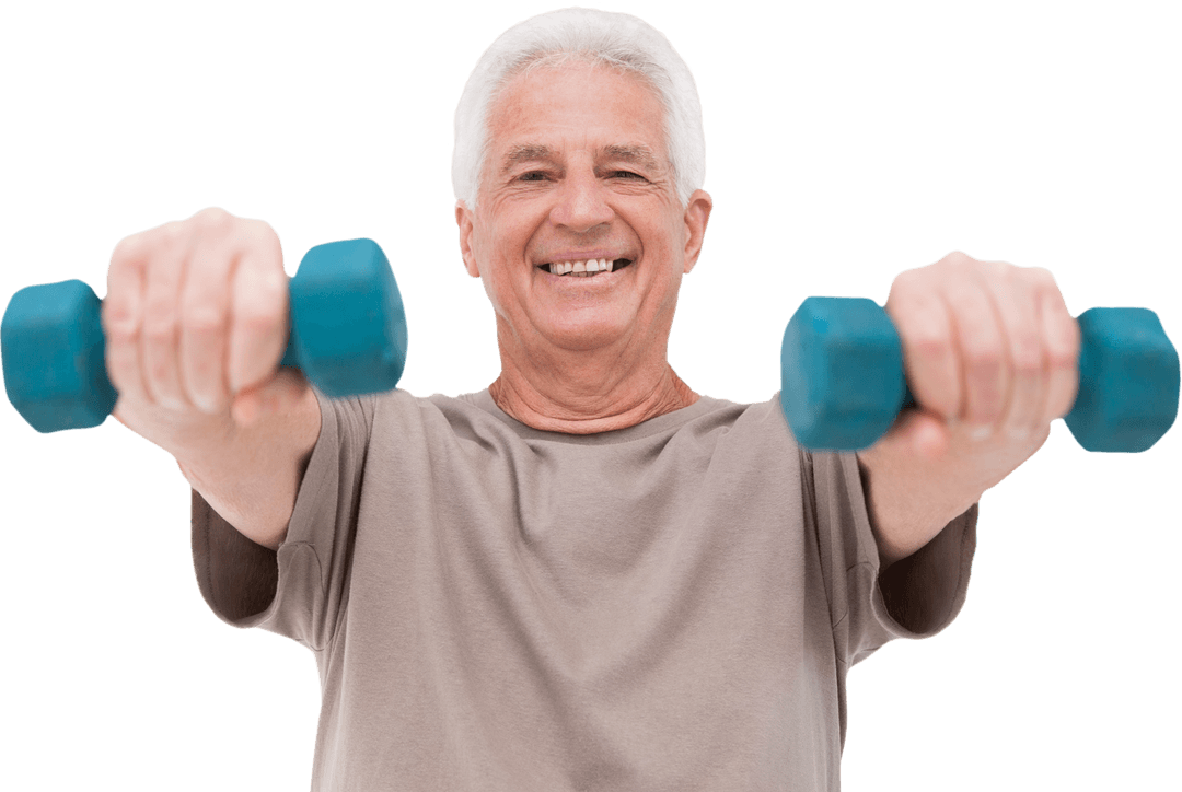 Energetic Senior Man Exercising with Hand Weights on Transparent Background