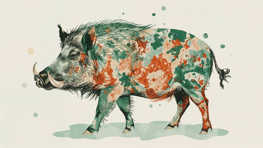Abstract Wild Boar with Green and Burnt Orange Splatters