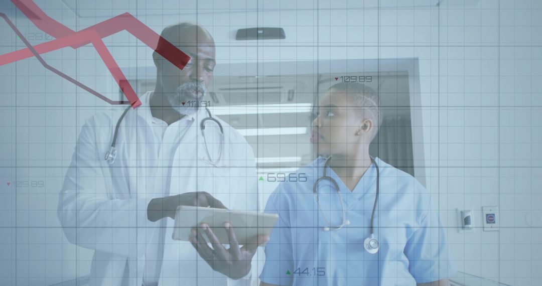 Doctor and Nurse Reviewing Tablet with Healthcare Analytics and Declining Graph Overlay