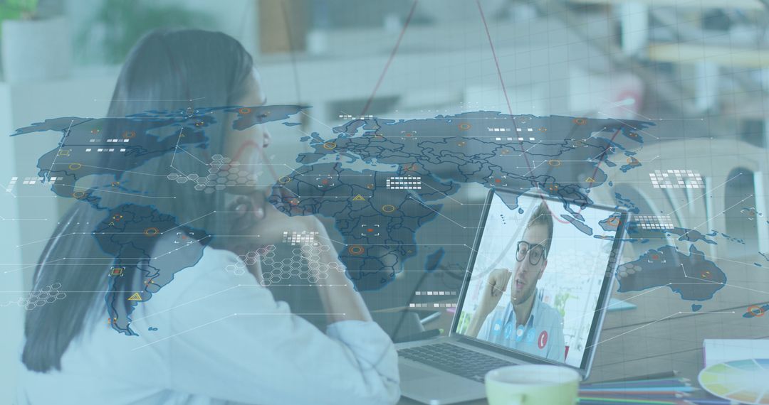 Woman Engaged in Video Call with Global Data Overlay