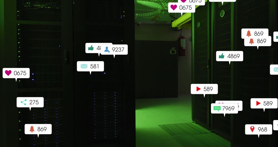 Social Media Icons Superimposed on Empty Server Room