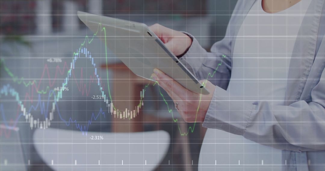 Woman Analyzing Data on Tablet with Graph Overlay
