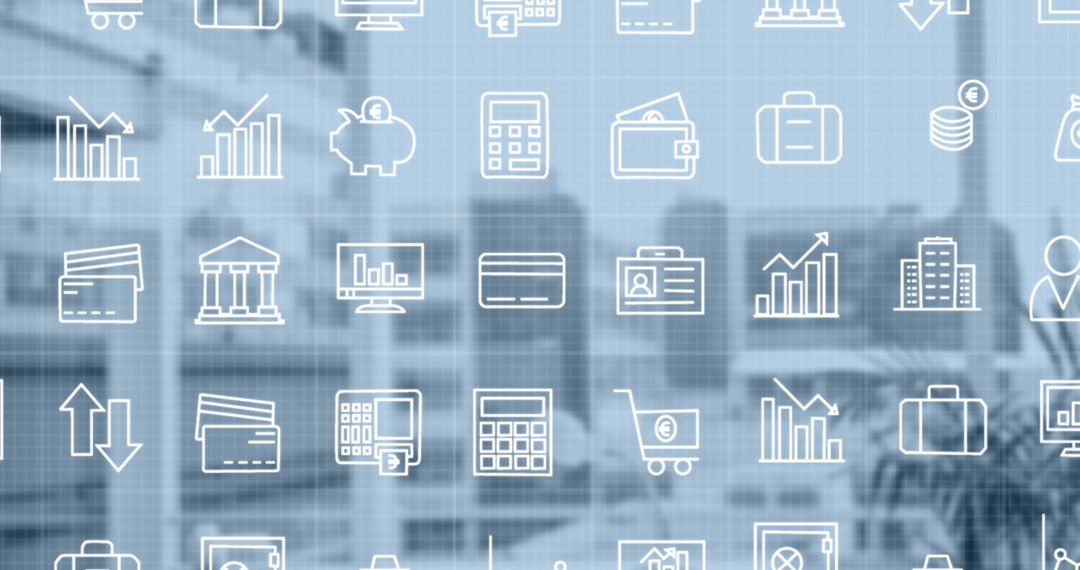 Digital Network and Data Icons Over Abstract Cityscape