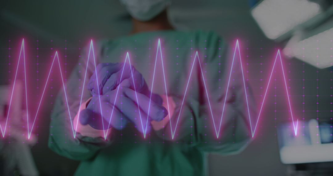 Surgeon with Heart Rate Monitor Overlay, Medical Technology Concept
