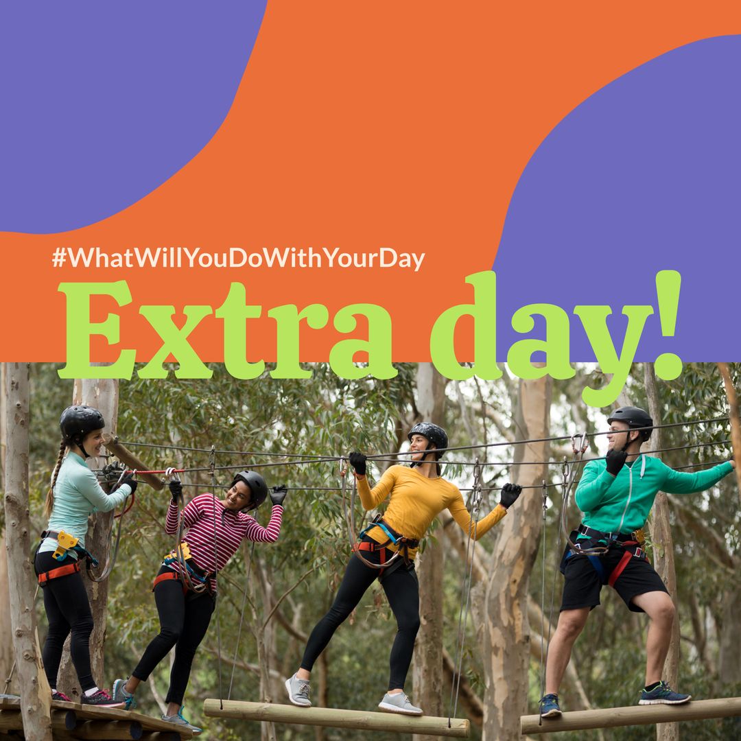 Friends Enjoying Treetop Adventure Obstacle Course Outdoors