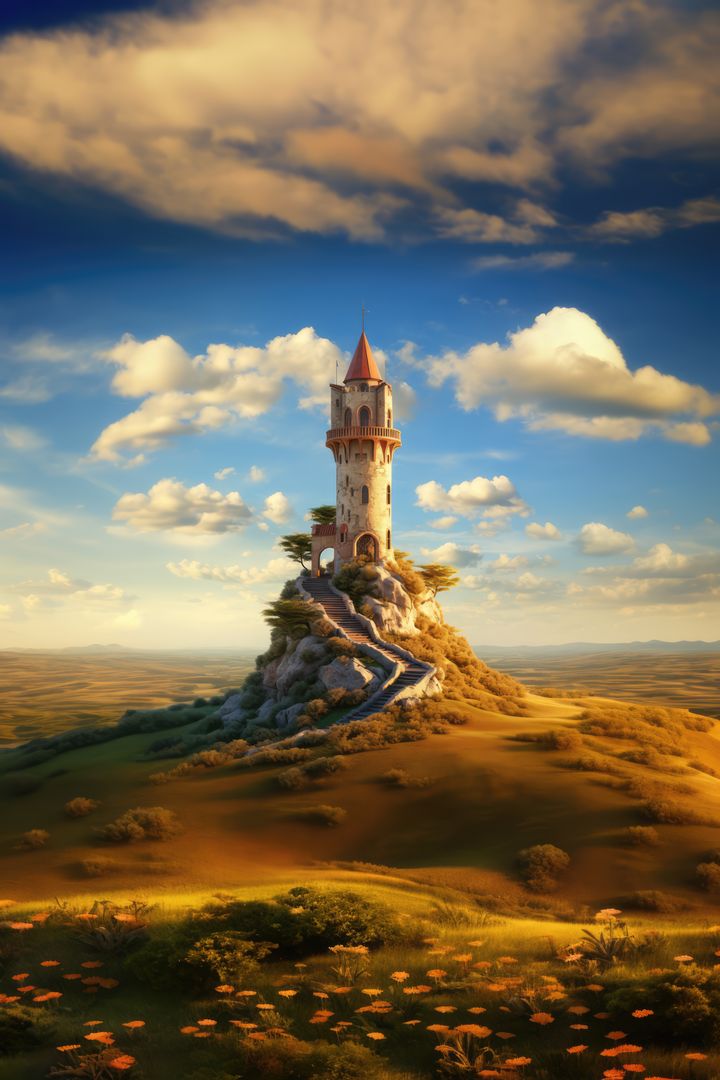 Tower and meadow over blue sky with clouds, created using generative ai technology - Free Images, Stock Photos and Pictures on Pikwizard.com