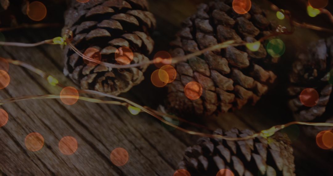 Rustic Wooden Surface with Pine Cones and Festive LED String Lights