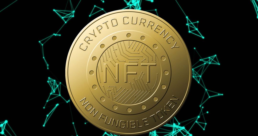 Golden NFT Coin with Digital Network Connections on Dark Background