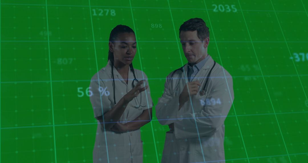 Healthcare Professionals Analyzing Data on Digital Grid Background