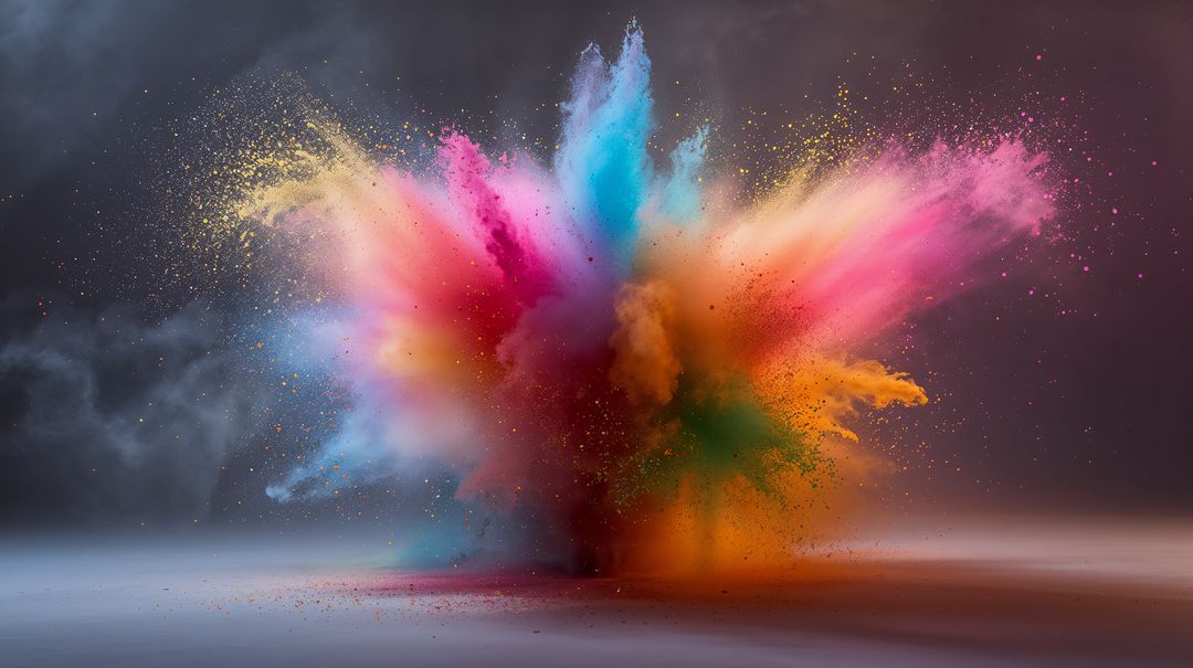 Bursting Multicolor Powder Cloud Radiating Vibrant Pigment Particles on Dark Studio Floor