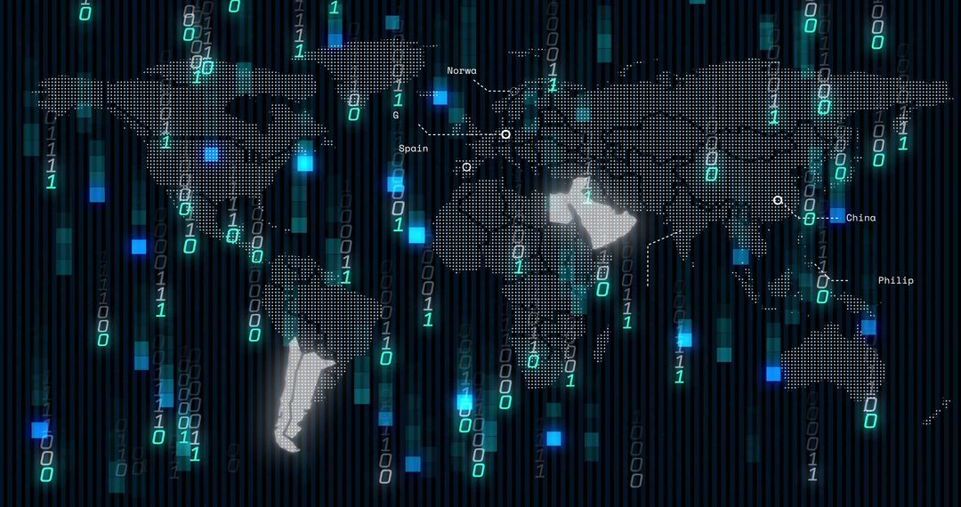 Digital World Map with Binary Code and Middle East Emphasis