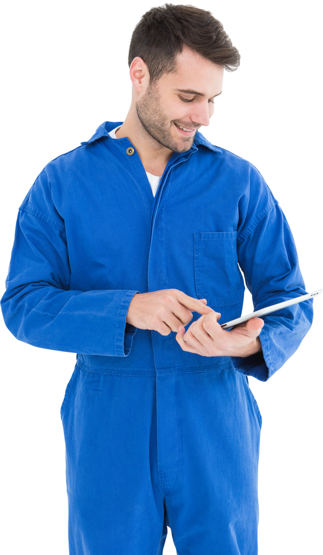 Happy Young Mechanic Using Transparent Digital Tablet - Download Free Stock Images Pikwizard.com