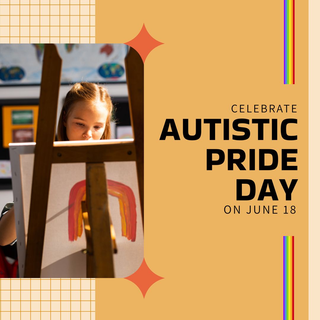 Autistic Pride Day Celebration with Young Girl Painting Rainbow Artwork - Download Free Stock Templates Pikwizard.com