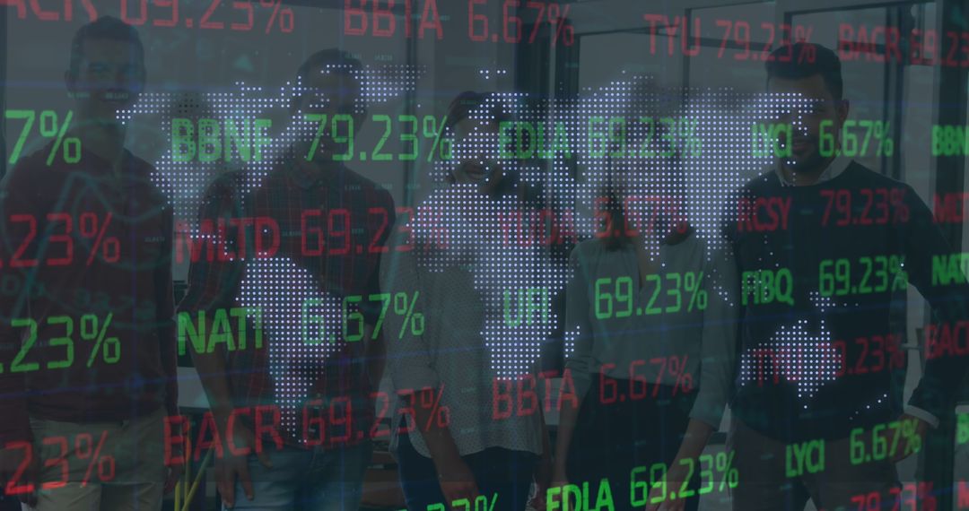 Team Analyzing Stock Market Trends with Digital Data Overlays