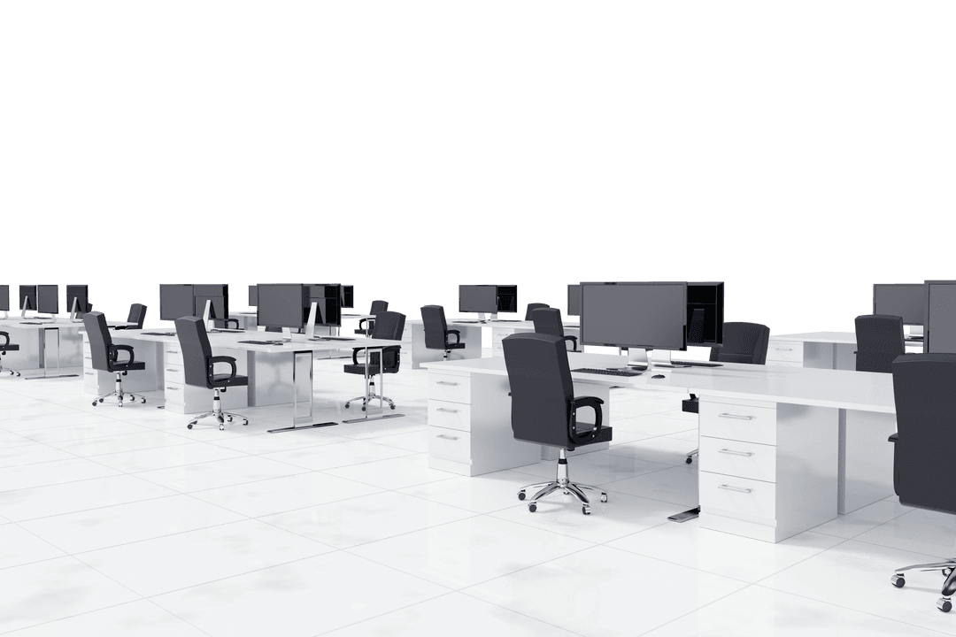 Modern Transparent Office with Sleek Furniture and Desks