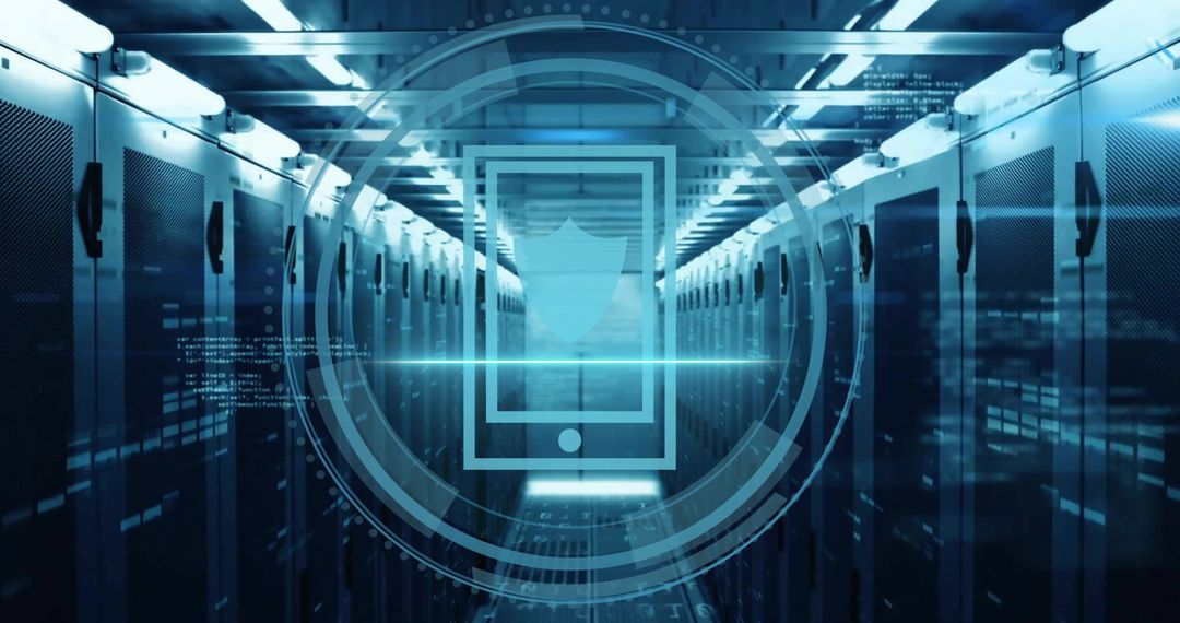 Projecting Holographic Mobile Security Shield Over Data Center Aisle With Futuristic Cyber Defense H