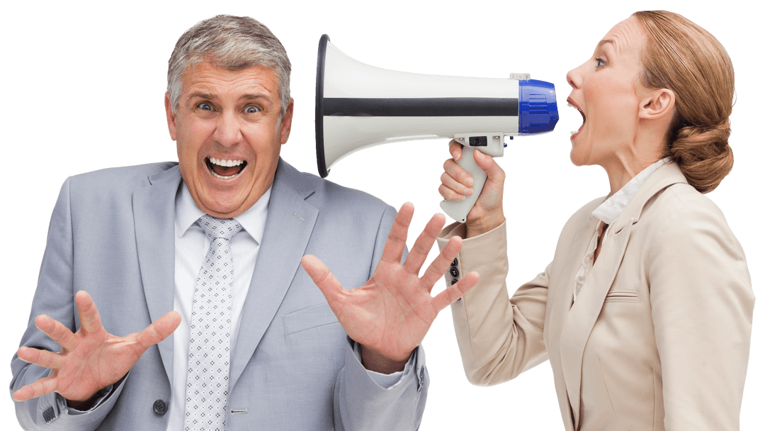 Transparent Businesswoman Yelling With Megaphone at Colleague