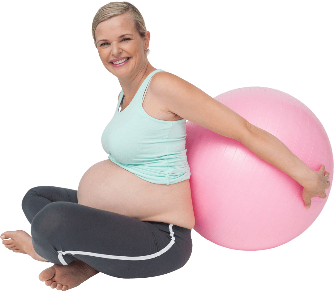 Pregnant Woman Smiling on Exercise Ball Transparent Background