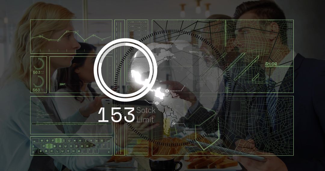 Team Collaborating with Futuristic Augmented Reality Dashboard Overlay for Data Analysis