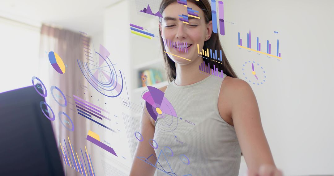Young woman interacting with holographic data visualization and AR analytics dashboards