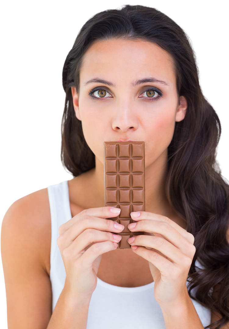 Brunette Woman Enjoying Bar of Chocolate on a Transparent Background - Download Free Stock Images Pikwizard.com