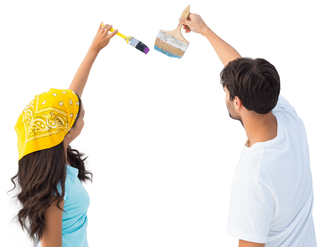 Happy Couple Painting with Large Brushes, Transparent Background